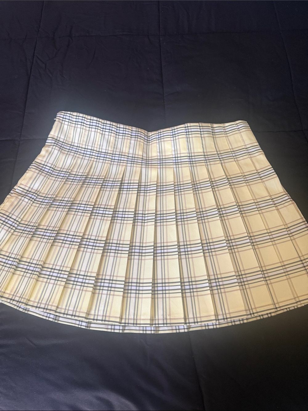 No Boundaries Cream Plaid Pleated Mini Skirt with Blue Stripes